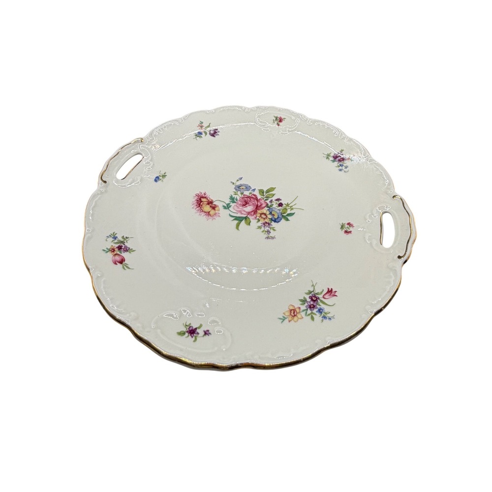 Vintage Floral Porcelain‎ Cake Plate Scalloped Gold Trim Double Handle Platter